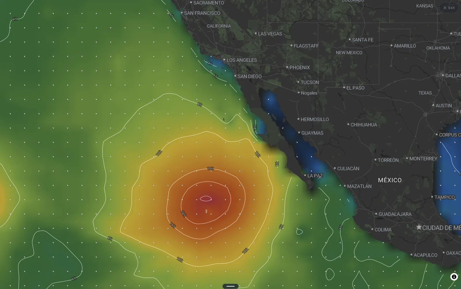 Hurricane Marie's swell field on the Fetch swell map — 20 ft at the core, energy fanning north toward Southern California
