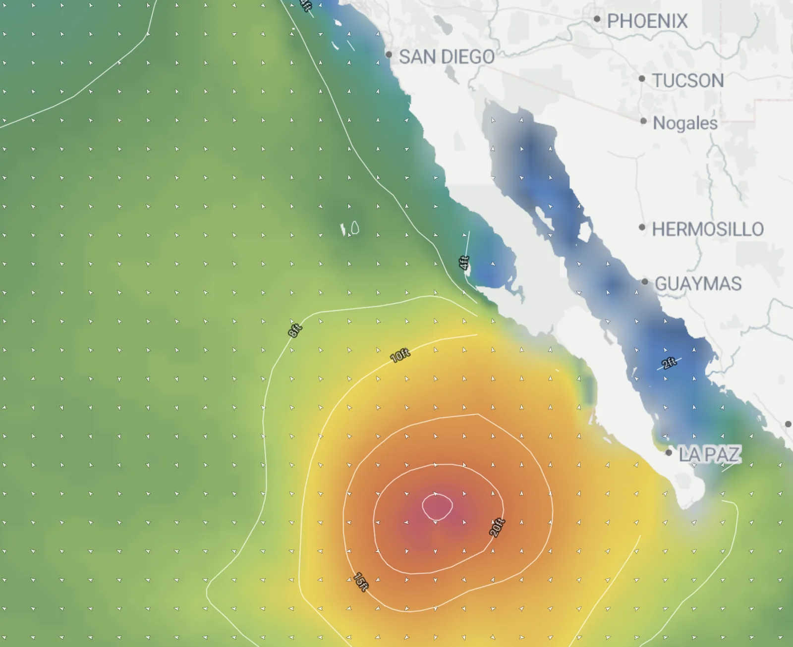 Polo's swell on the Fetch swell map, pushing past the southern tip of Baja