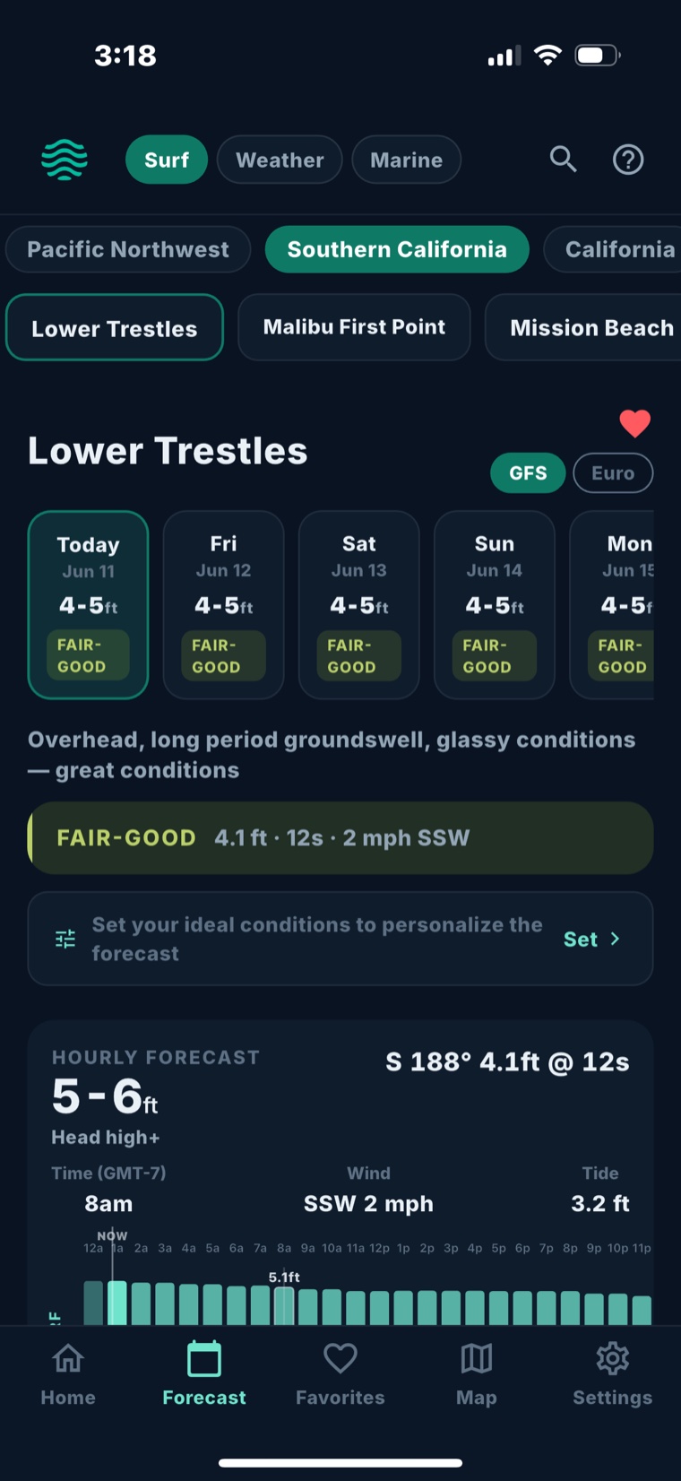 Fetch surf forecast for Lower Trestles with a 5-day outlook and hourly chart