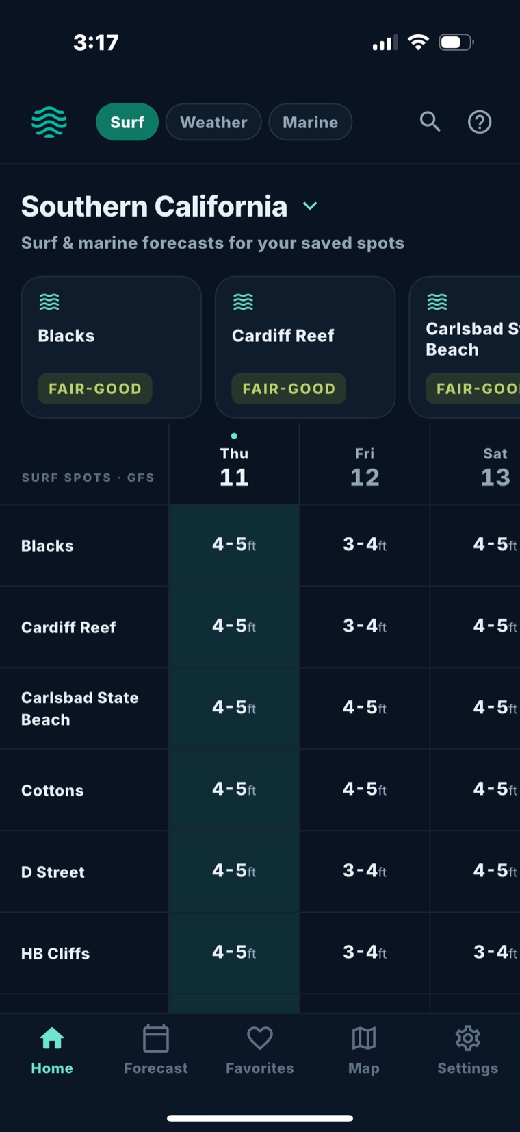 Fetch surf home screen for Southern California showing saved spots and a multi-day forecast table